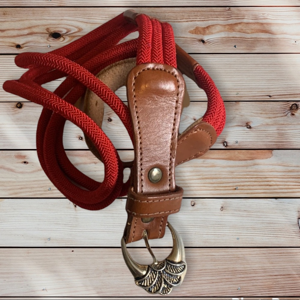 Leather Trim Red Triple Corded Belt with Designed Buckle Size Small